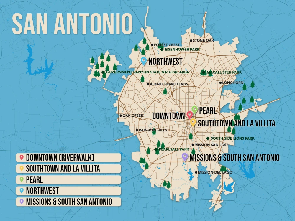 Where to Stay in San Antonio map in vector format featuring the best areas of town