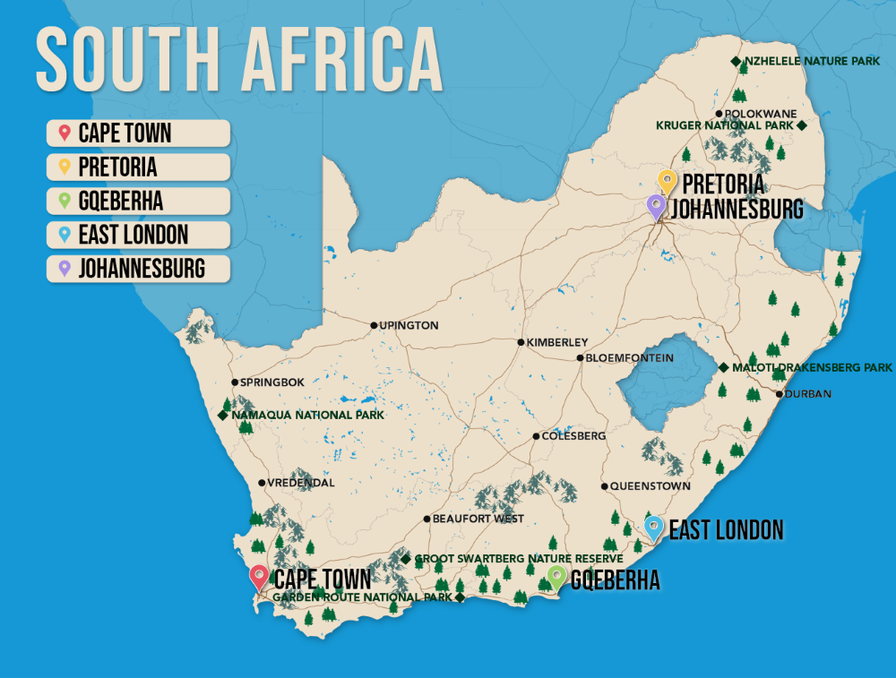 Where to Stay in South Africa map in vector format featuring the best areas of town