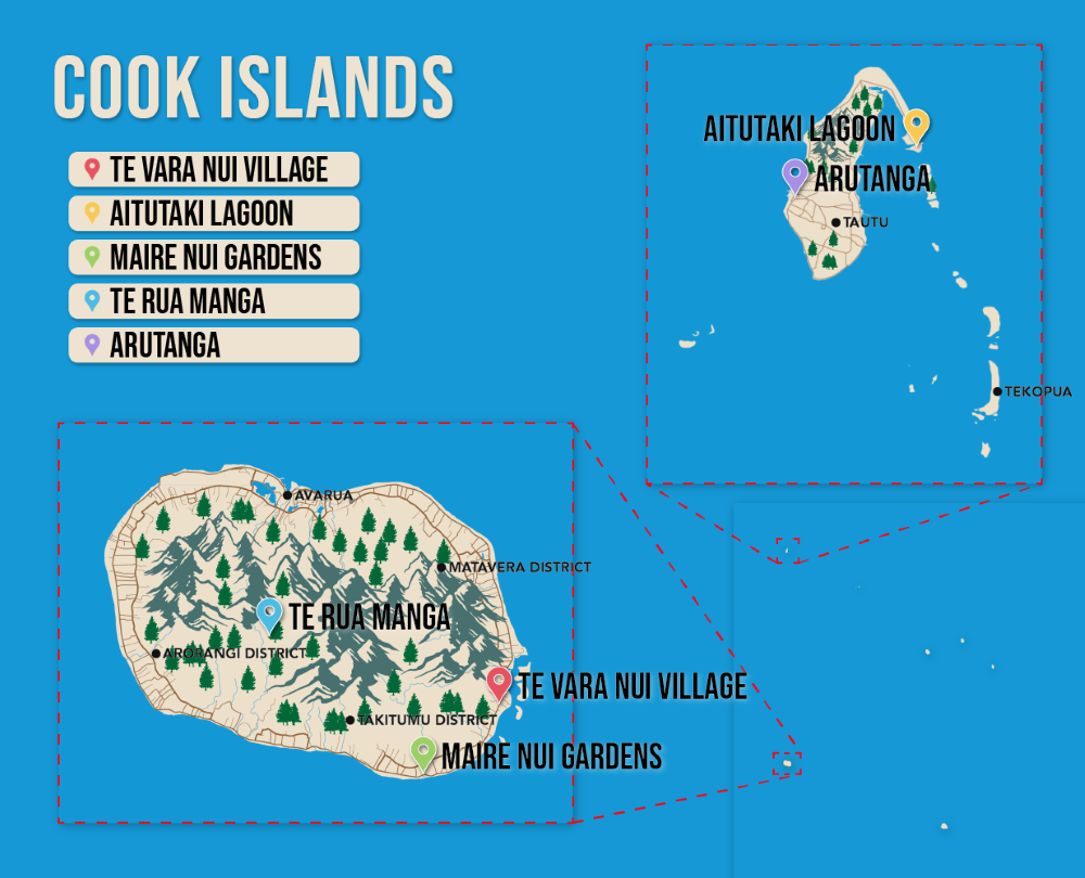 Where to Stay in the Cook Islands map in vector format featuring the best areas of town