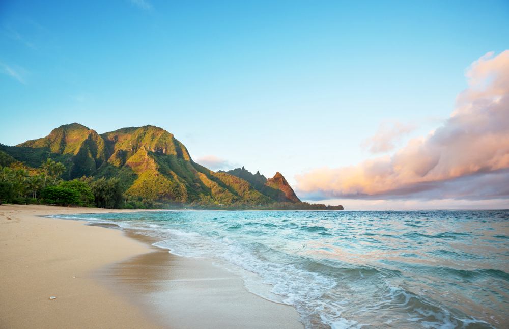 Tunnels Beach view with clear skies overhead in Kauai, Hawaii for a guide discussing the total Hawaii population