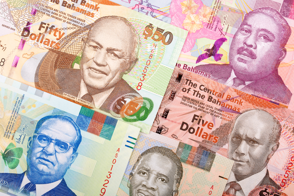 Bank notes of Bahamas in different print amounts. 