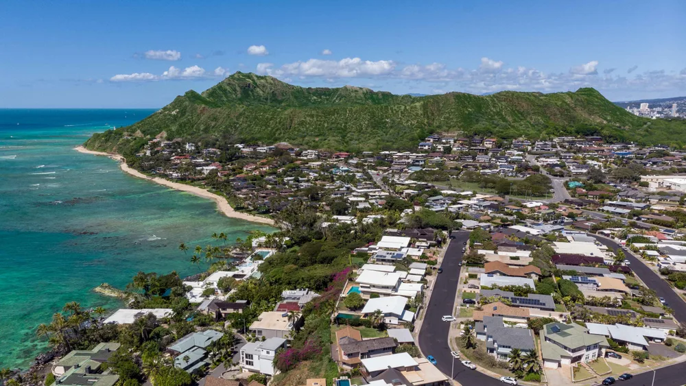 Aerial view of Diamond Head and Kahala Shore neighborhood for a section detailing the best neighborhoods to move to in Hawaii