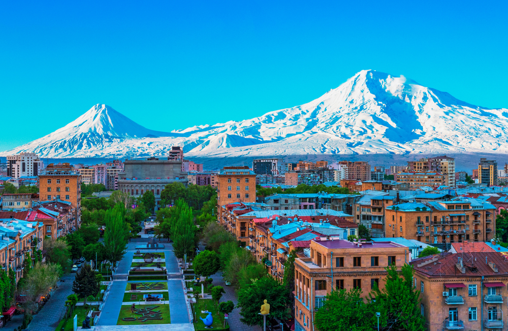 Mount Ararat pictured towering over Yerevan City during the winter, the overall best worst time to visit Armenia 