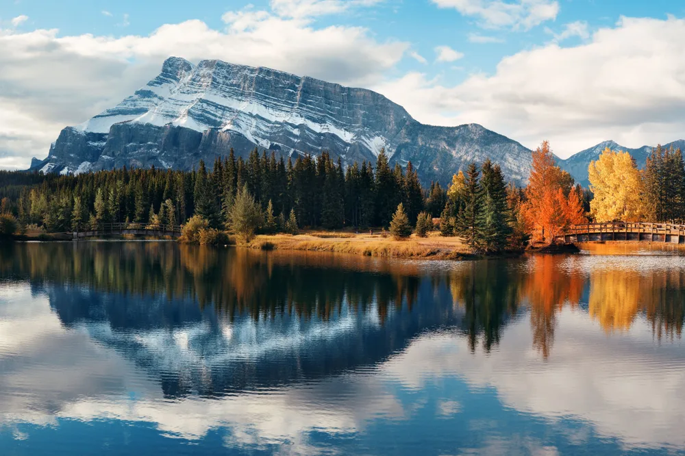 The start of fall where two trees can be seen changing color and an icy mountain can be seen in background, the overall best time to visit Banff National Park.