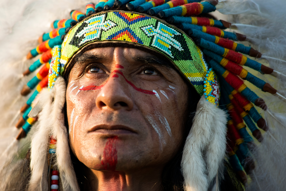 A Native American with a vibrant feathered headdress and a few face paint. 