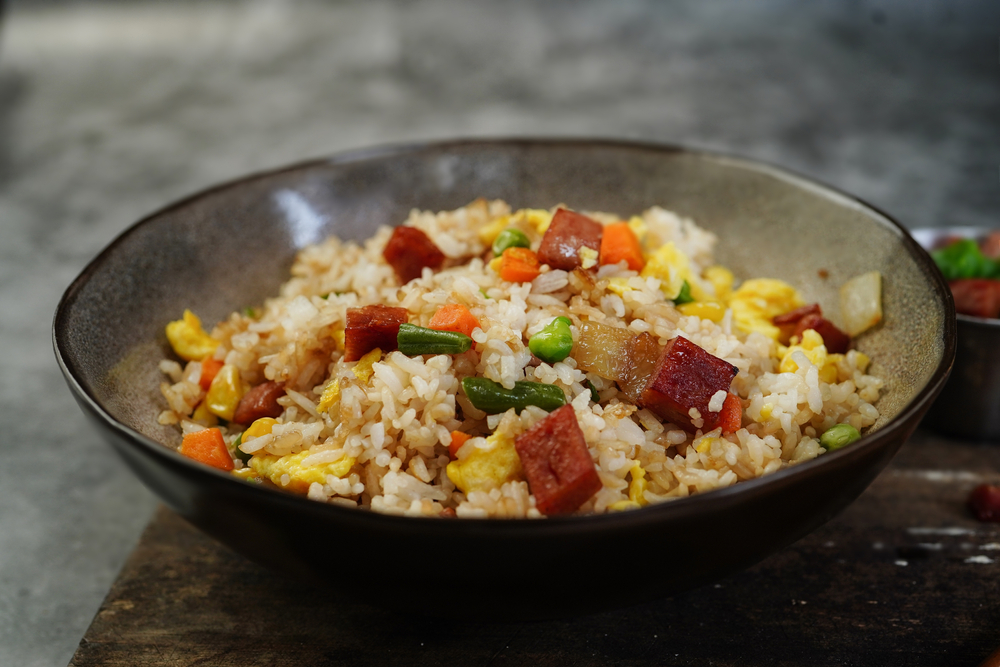Spam fried rice, a popular dish in Hawaii, served in a bowl
