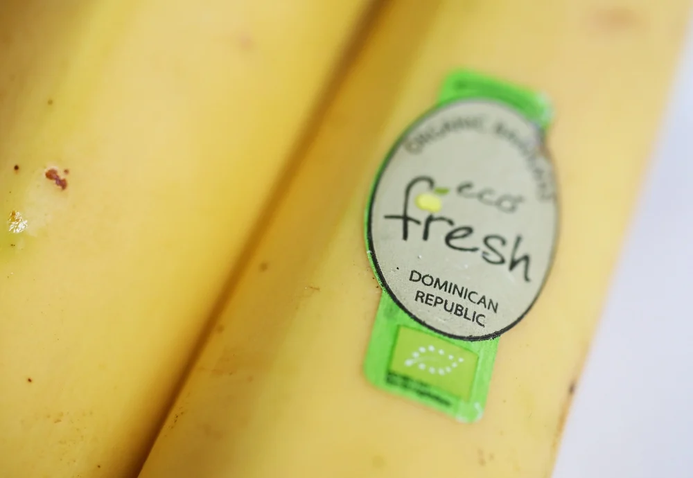 A banana that has a label from Dominican Republic.