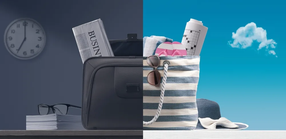 Divided photo showing a business briefcase with newspaper contrasted with a colorful beach bag with supplies for leisure trip for an article describing what bleisure trips are and how business and leisure travel is increasing