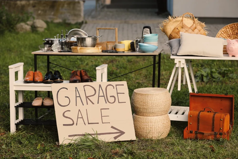 Garage sale sign with stuff sitting on tables for a moving sale before heading to Hawaii