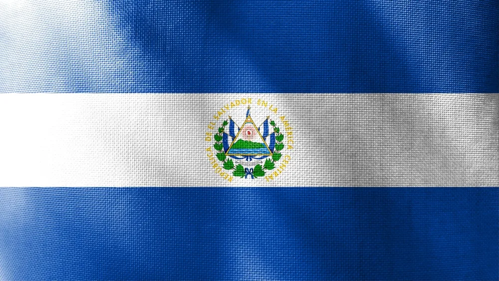 The flag of El Salvador in a close up view where the texture of the fabric can be seen, the symbol in the flag has several details on it.
