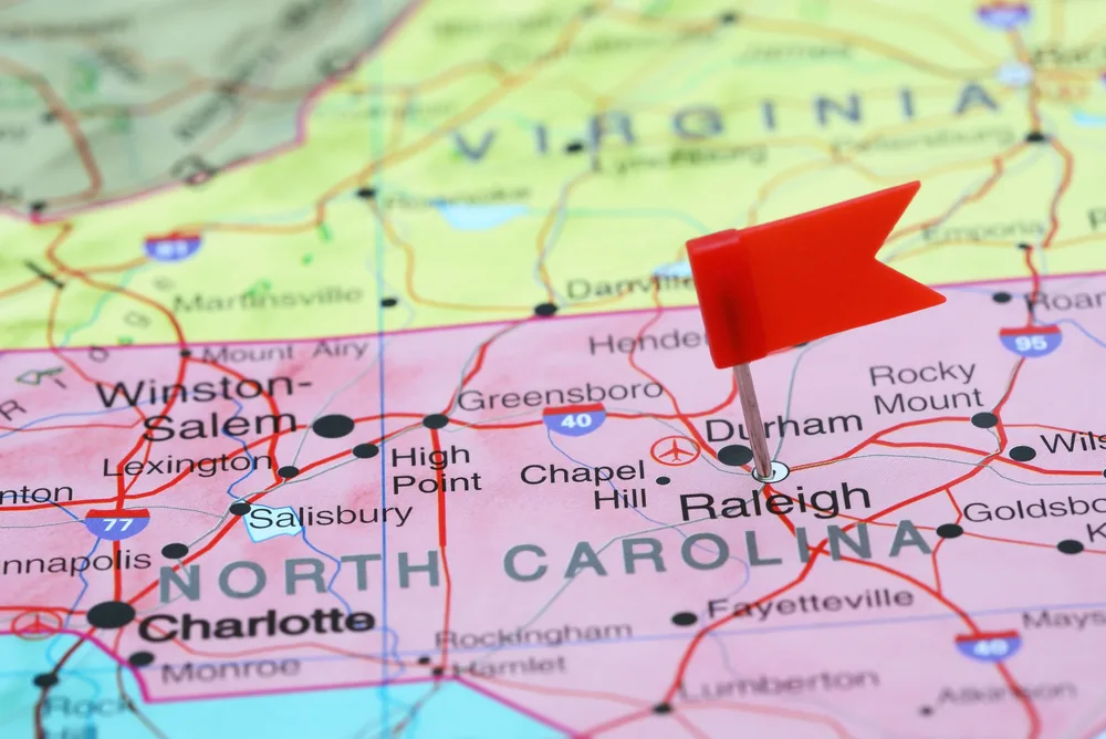The are of North Carolina pinned on the map. 