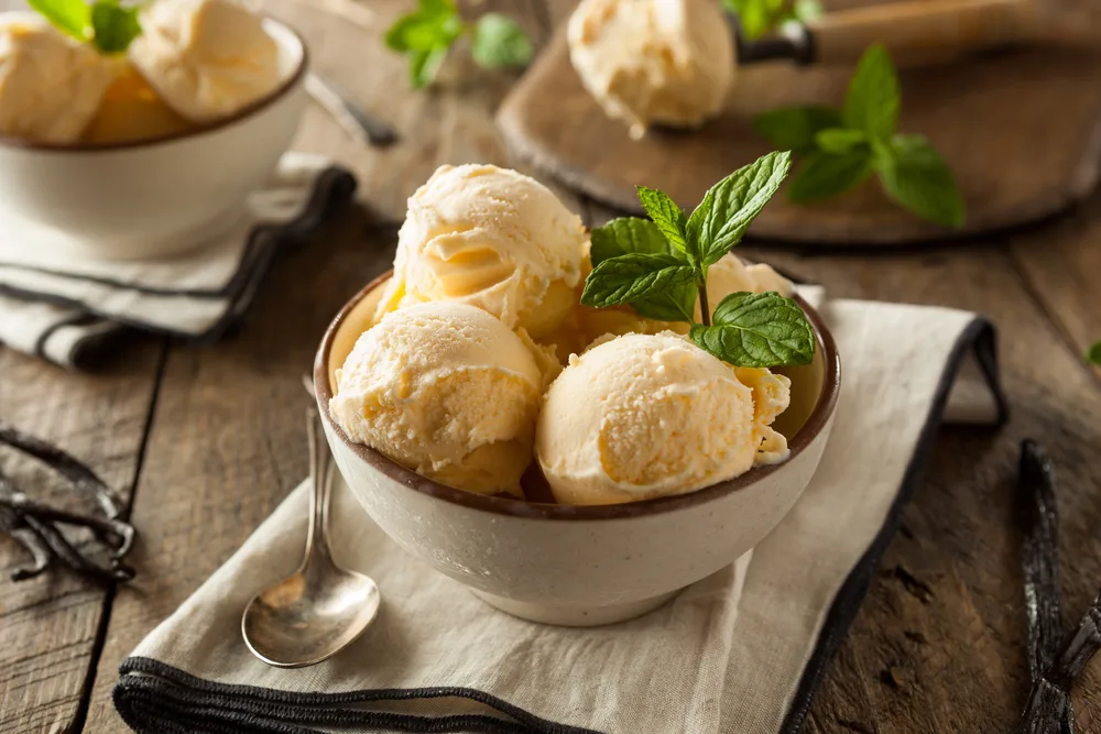 A vanilla ice cream with mint prepared on a bowl. 