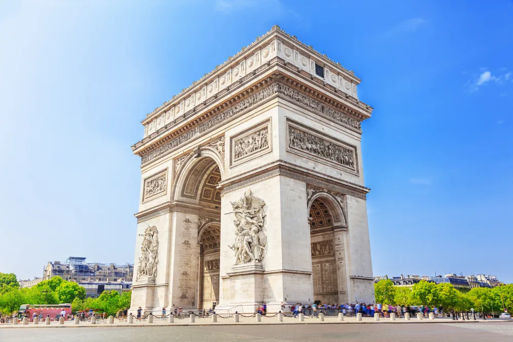 Arc de Triomphe in Paris on the Champs Elysees shown on a clear day as part of a European itinerary 2 weeks long