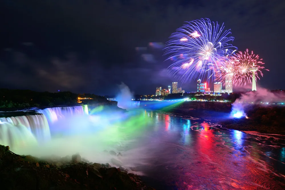 Niagara Falls illuminated in color with fireworks above on NYE for a celebration that is one of the best in the USA