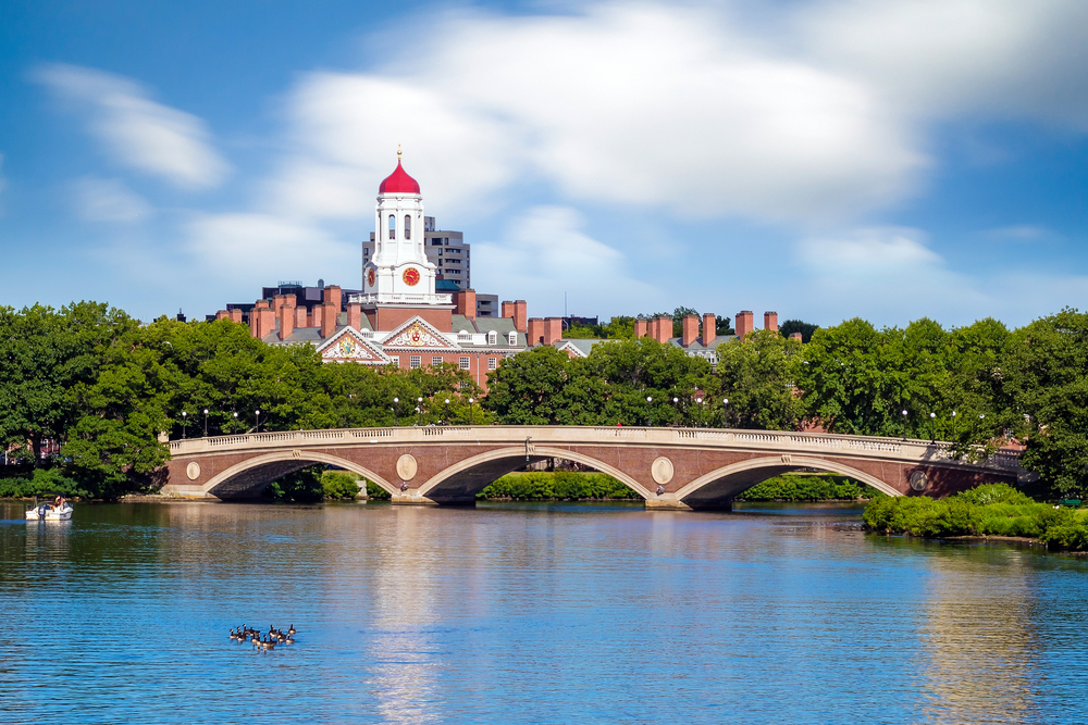 View of the John W. Weeks Bridge in front of the Harvard University campus in Boston during springtime, open for student-led guided tours during weekend trips to Boston