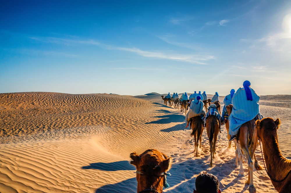 A caravan crossing a vast desert during a late afternoon. 