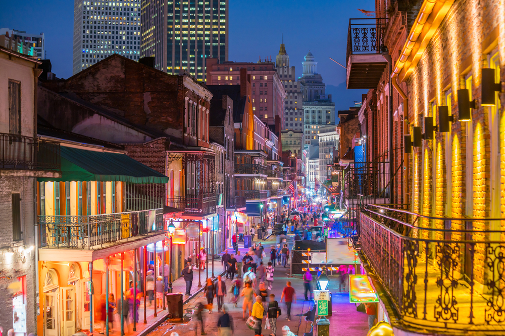Bars and clubs along Bourbon Street in the famous French Quarter of New Orleans, one of the best places to spend New Years in the USA
