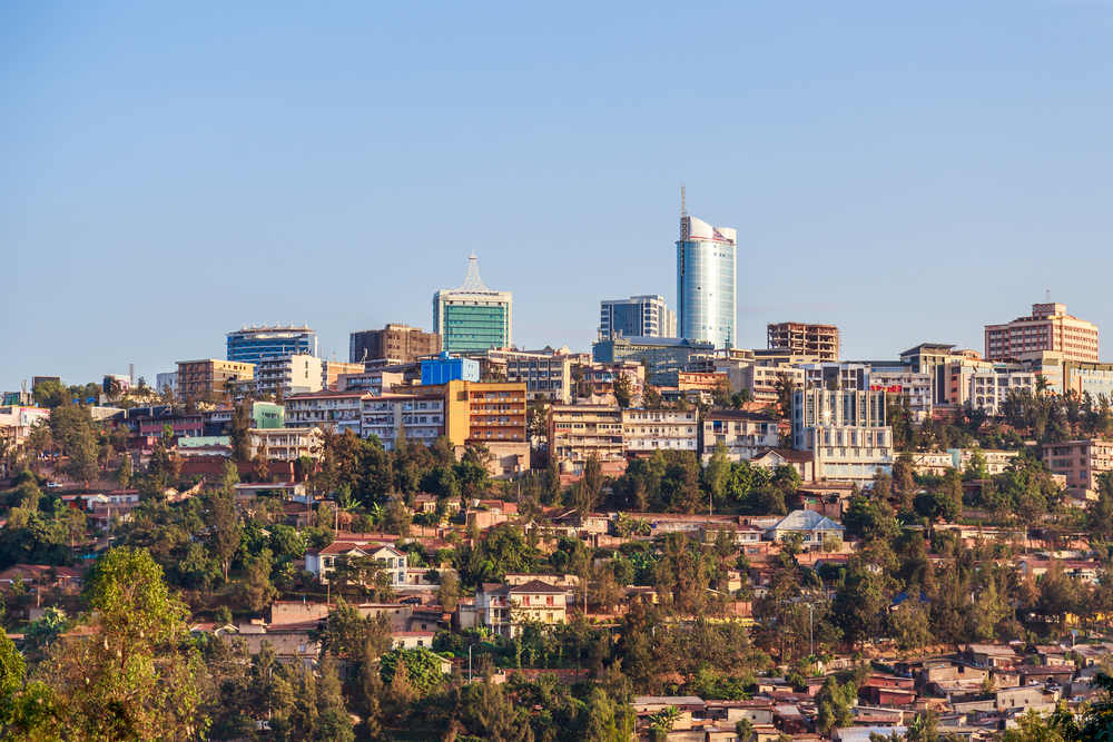 aerial view of a progressive city in Kigali, one of the best areas to stay in Rwanda, trees can be seen integrated within the city.