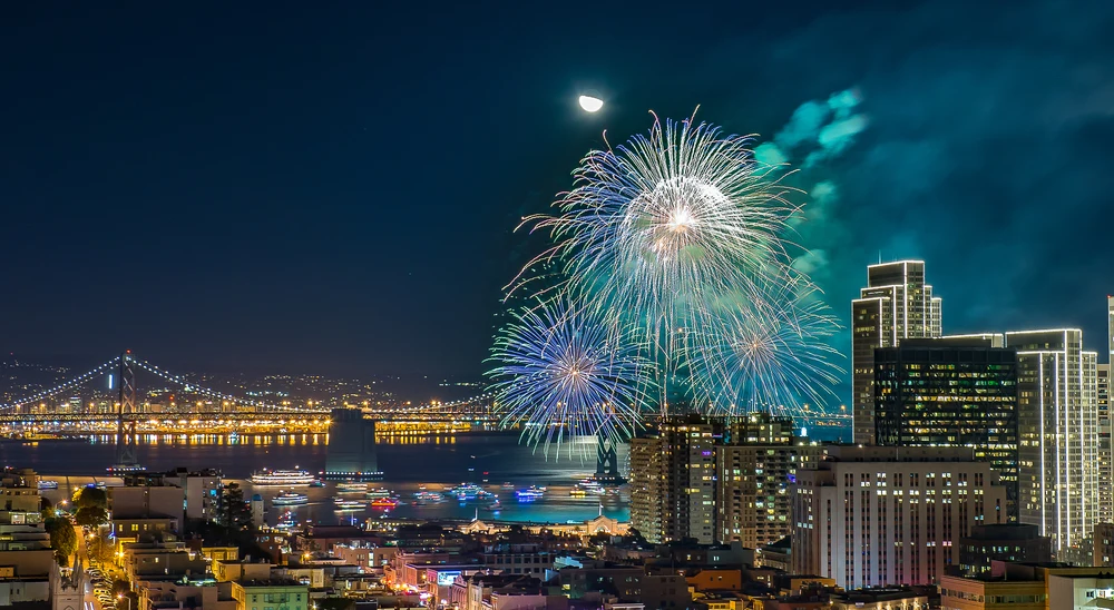 San Francisco skyline at night with fireworks on NYE for a list of the best places to spend New Years in the USA