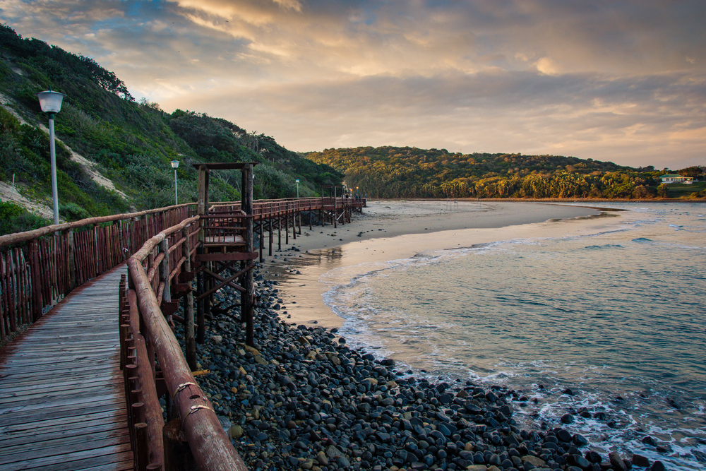 a quiet morning on the coast of East London, one of the best areas to stay in South Africa, a boardwalk extending from the rocky shore to the sandy area, and a vast area is covered by lush forest.