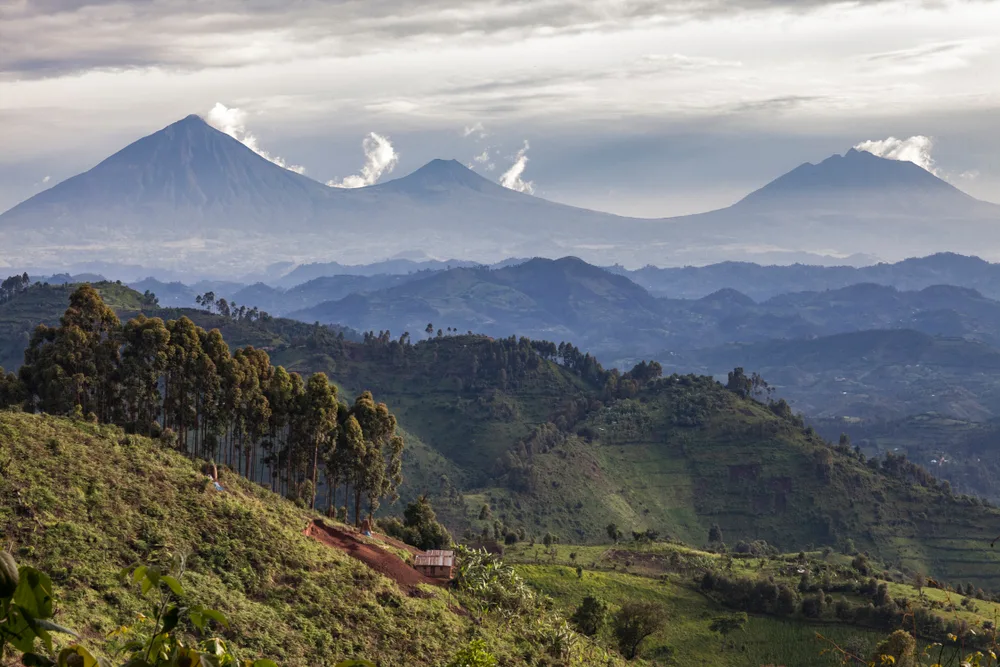 aerial view of three volcanoes at the Volcanoes National Park, an adventure-filled destination and one of the best areas to stay in Rwanda, misty mountains can be seen before the volcanoes.