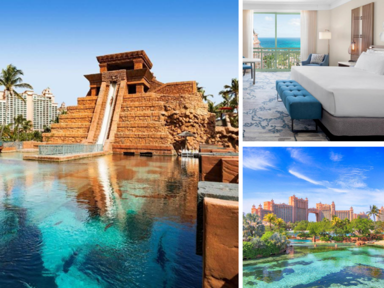 Collage of amazing pictures at one of our top picks for where to stay in the Bahamas, the Royal at Atlantis, pictured with the pool, slide, and room in view