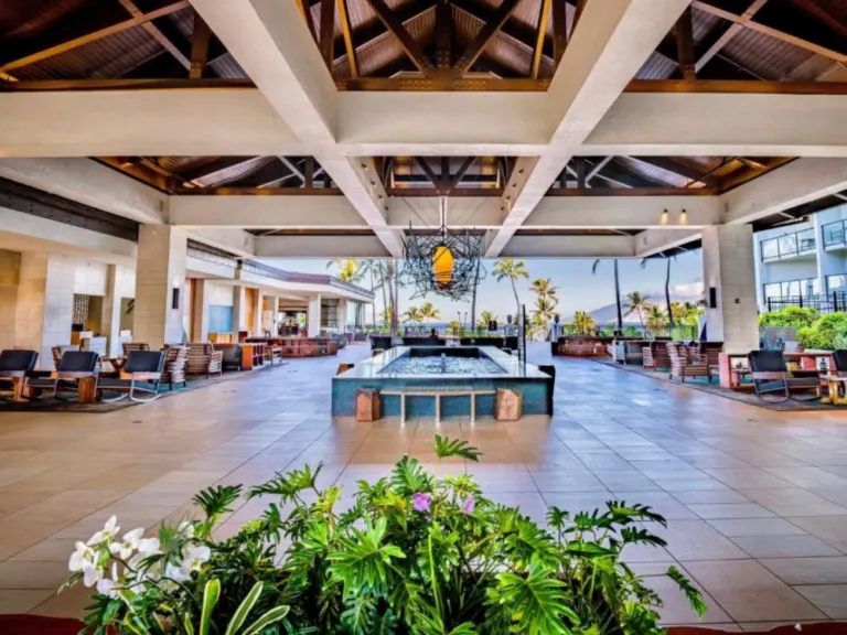 Lobby at one of our top picks for where to stay in Hawaii, the Wailea Beach Resort, a mid-range and action-packed hotel with lots to do for families