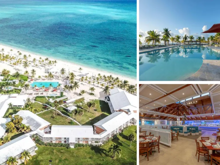 One of our top picks for where to stay in the Bahamas, Viva Fortunata Beach on Grand Bahama, as seen in a collage with interior and exterior and pool photos