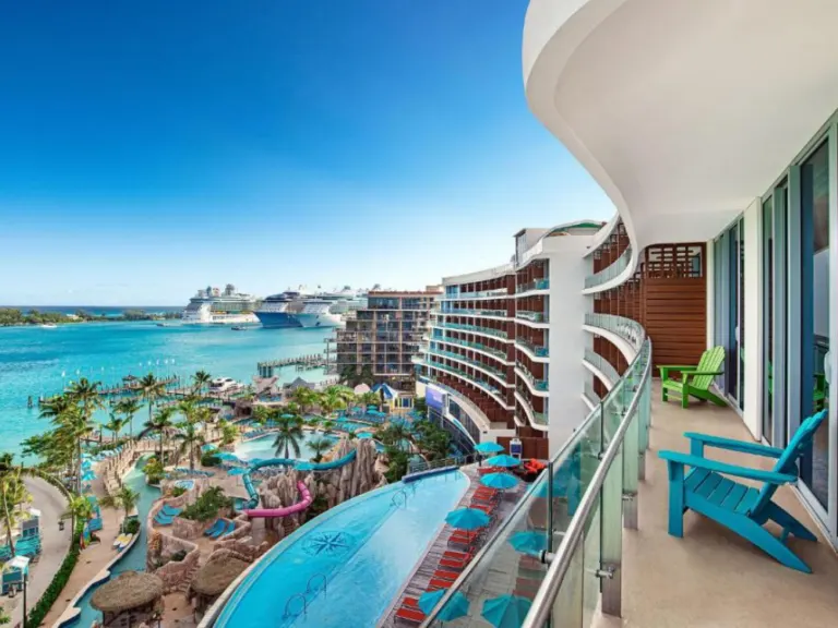 Patio view of the gorgeous Margaritaville Beach Resort in Nassau, one of our top picks for the best hotels in the Bahamas