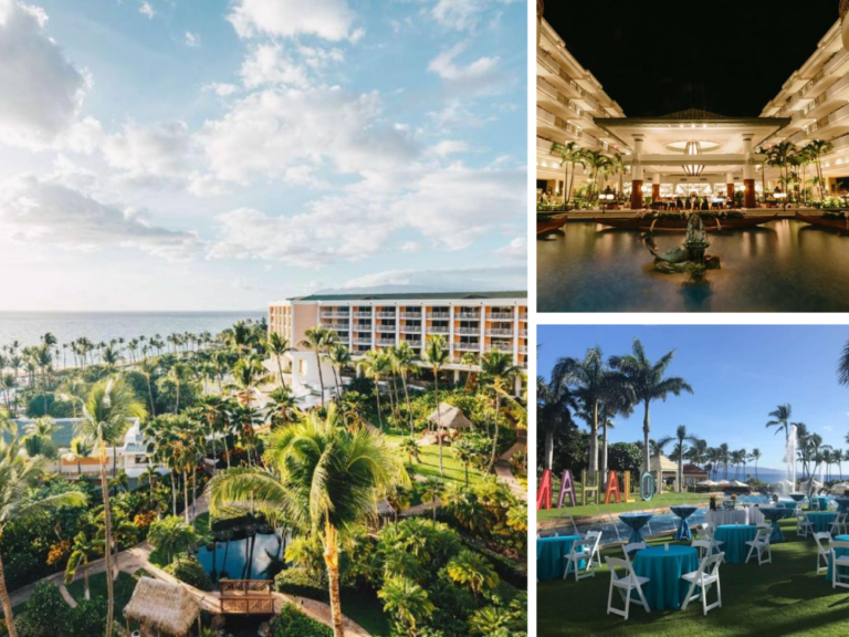 Photo collage of the exterior of one of the most opulent resorts on Maui, the Grand Wailea, a top pick for where to stay in Hawaii