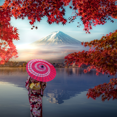 a Japanese woman wearing traditional clothes while holding a traditional umbrella, while standing on the side of the lake overlooking mount Fuji, during an autumn season, the best time to visit Japan.