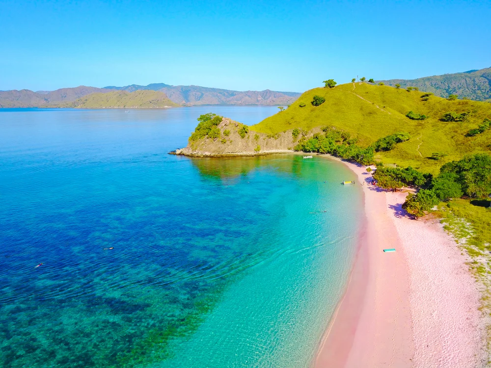 Aerial view of the famous pink sand beach, one of the best things to do in the Bahamas, on Flores Island