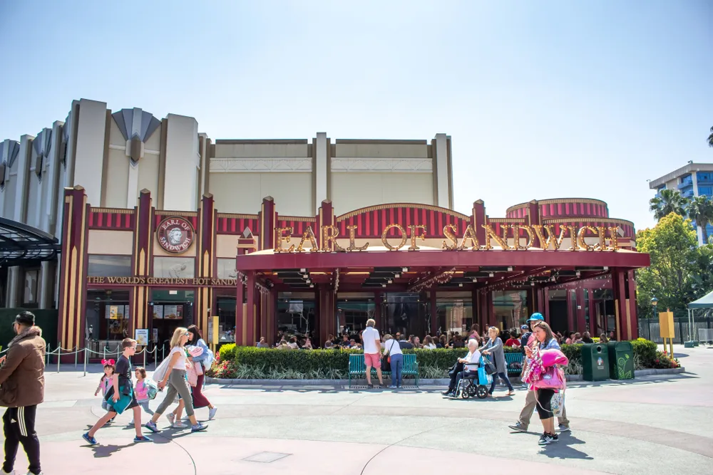 For a guide to the best and worst times to visit Disneyland, a photo of the Earl of Sandwich seen from the street