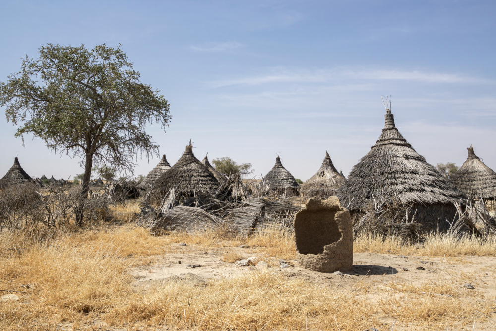 Abandoned village with little straw huts pictured on a blue background for a guide to the best and worst times to visit Chad