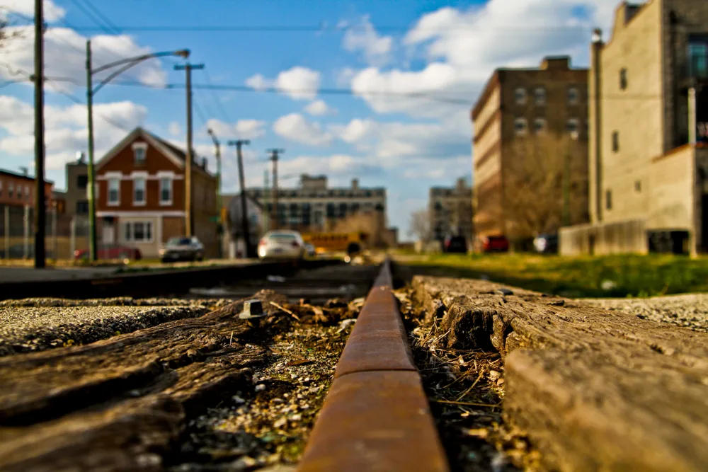 Railroad track running through one of the more dangerous parts of Chicago, Southside