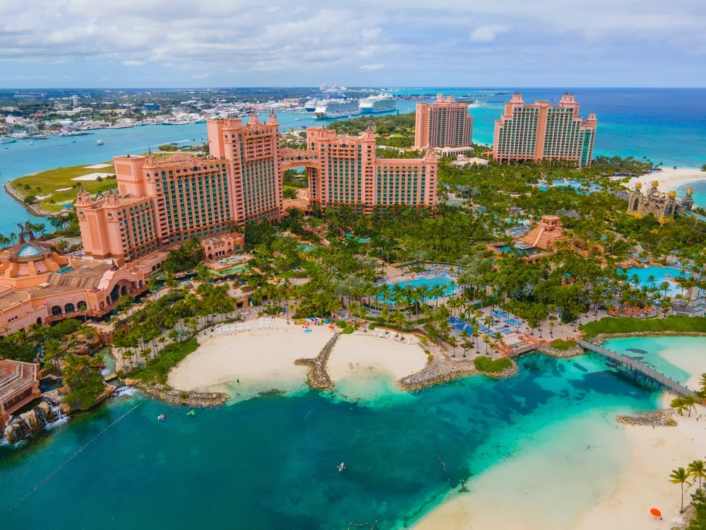 A beautiful travel destination where the whole islands looks like a resort with huge hotel structures and swimming pools, on one of the best Caribbean islands to visit.