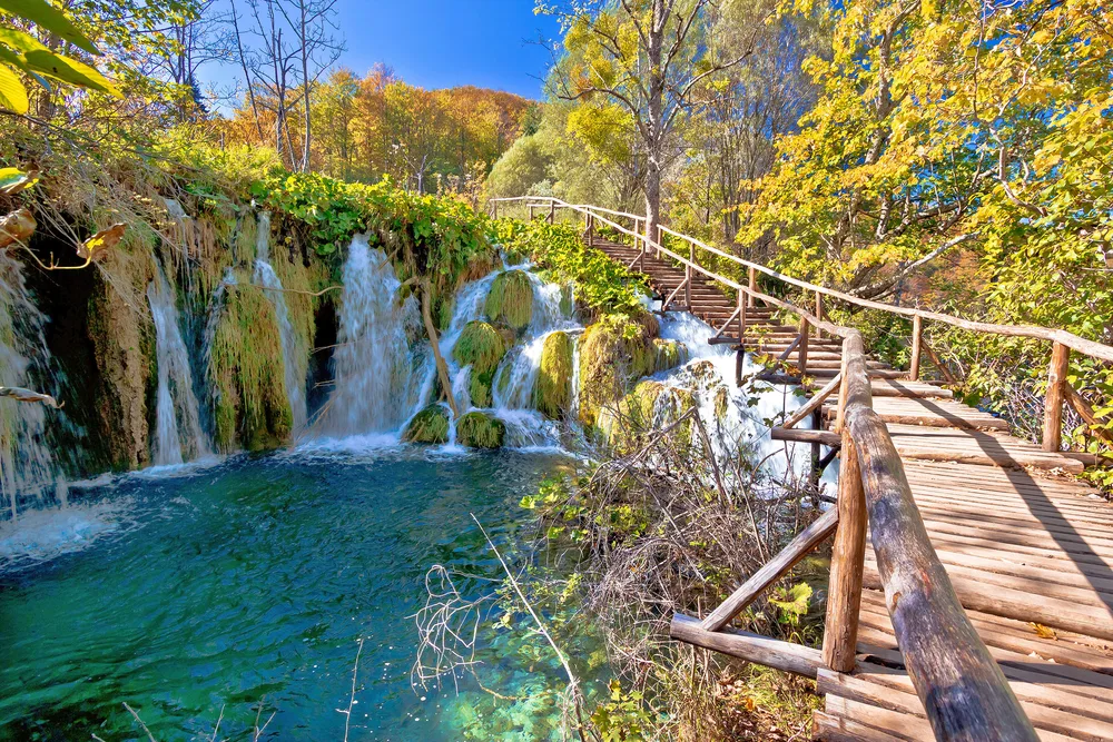 Neat wooden log bridge in the Plitvice Lakes National Park in Croatia, a very safe area of the country to visit