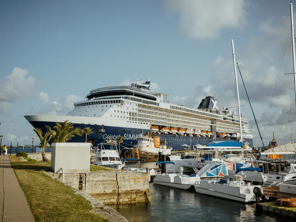 Photo of a cruise ship docked in King's Wharf in the off-season, the cheapest time to visit Bermuda