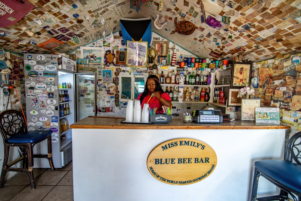 Photo of Miss Emily's Blue Bee Bar on Green Turtle Cay, pictured for a guide on the best things to do in the Bahamas