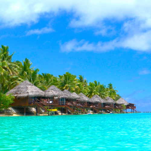 a row of native houses built on the coastal area, covered with palm trees, above emerald waters during the best time to visit Cook Islands.