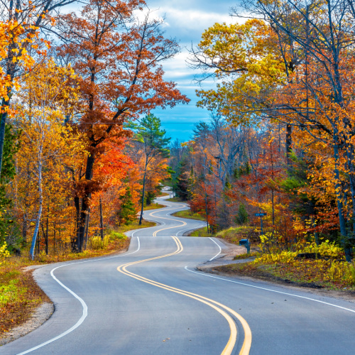 a winding road during an autumn season, one of the best time to visit Wisconsin.