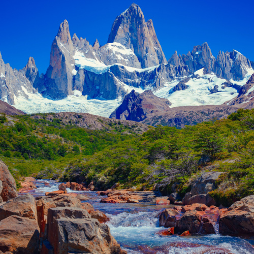 a flowing river from an icy mountain during one of the best time to visit Argentina.