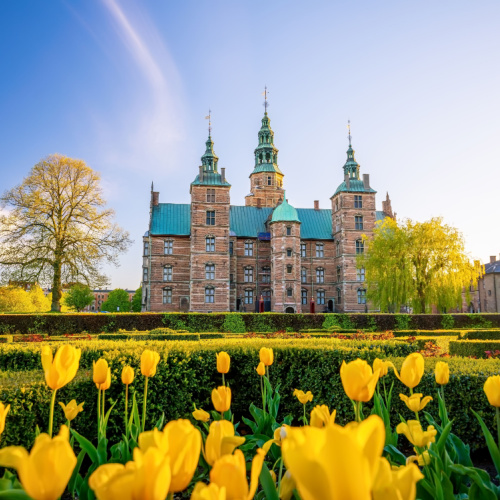 an old castle surrounded by a garden with blooming yellow flowers on a spring of the best time to visit Denmark.
