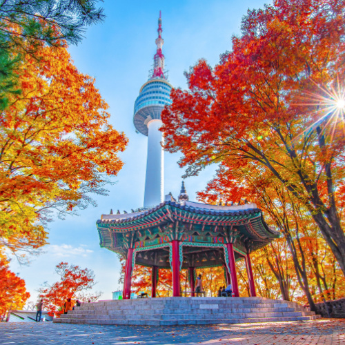 a traditional asian pavilion and tower canbe during an autumn of the best time to visit South Korea.