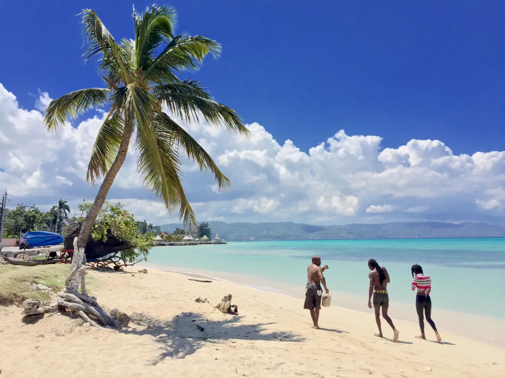 Spring, the overall cheapest time to visit Montego Bay, pictured from a beach with people walking along a long palm tree on an otherwise empty beach
