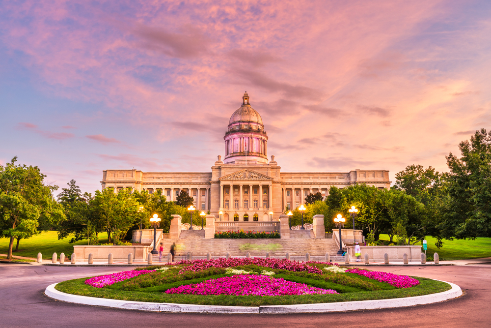 Amazing dusk view of the Frankfort capitol building during the best time to visit Kentucky in the spring with flowers in full bloom