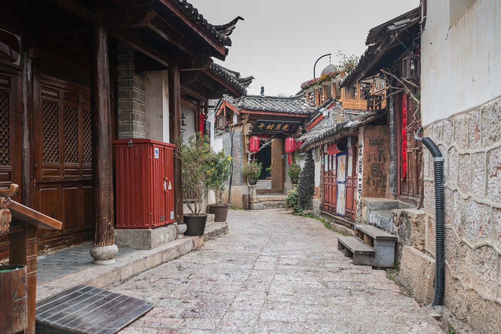 View of the historic old city pictured during the least busy time to visit China, late winter, with empty streets and gloomy skies overhead