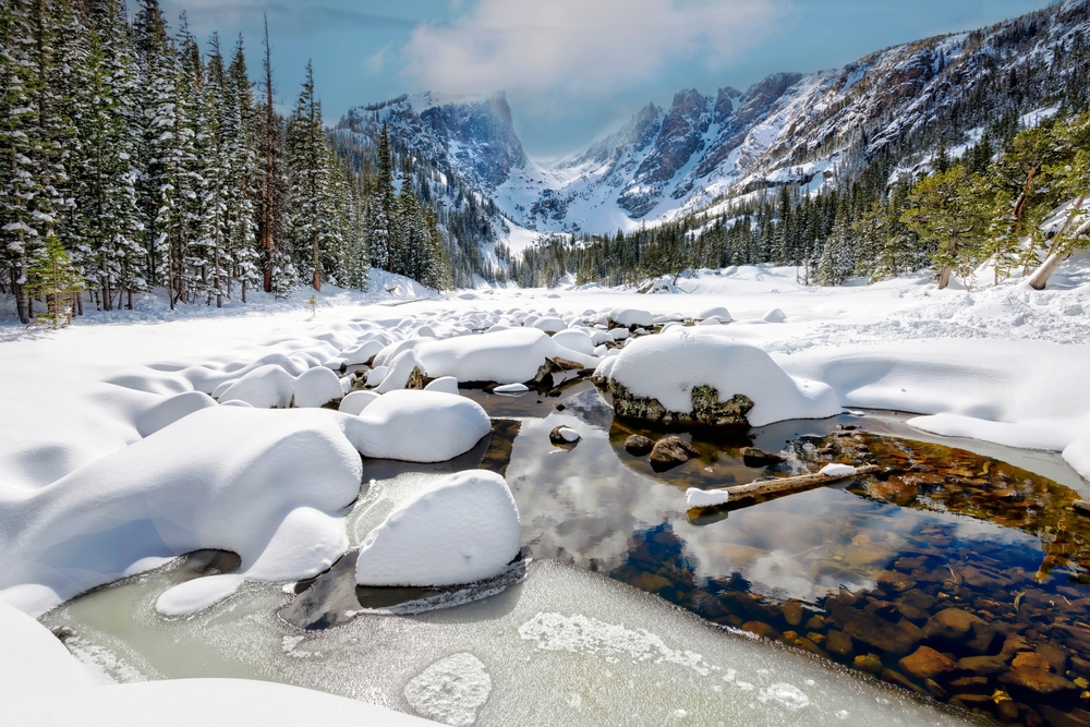 Winter view of Dream Lake pictured during the winter, the overall cheapest time to visit Rocky Mountain National Park