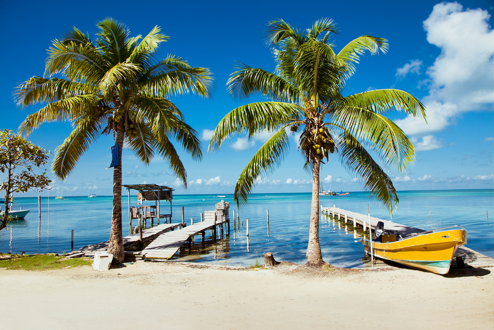 Gorgeous view of the turquoise and blue water with a yellow boat floating on it between palm trees and next to a dock pictured during the spring, the best time to visit Belize