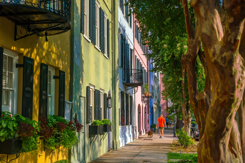 Man walking his dog by Rainbow Row, an amazing place to visit in Charleston, pictured during the cheapest time to visit the city